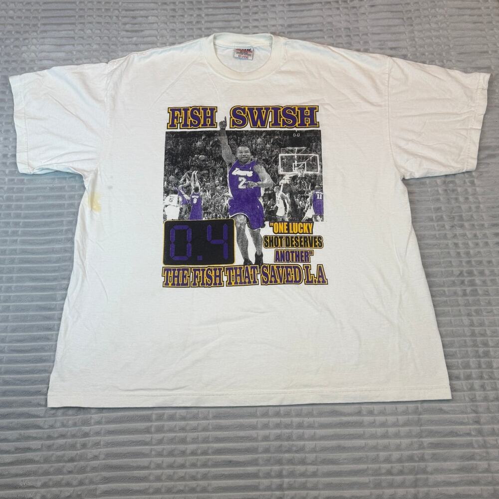 Vintage LA Lakers T-Shirt XXL Derek Fisher 0.4 Shot Fish Swish NBA Rare 2XL